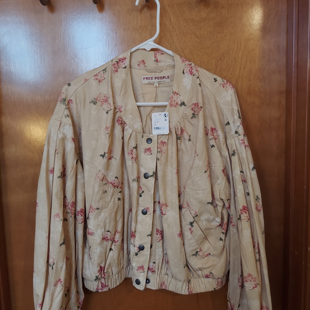 Free People Pale Yellow Floral Bomber Jacket